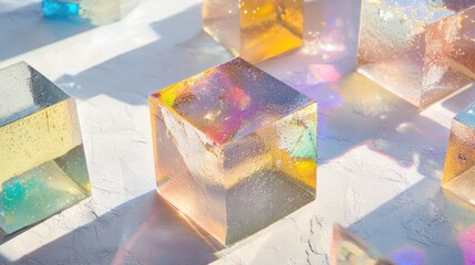 Poster - Light dispersed by dichroic glass cubes, creating a colorful and sparkling spectrum on textured white paper. -