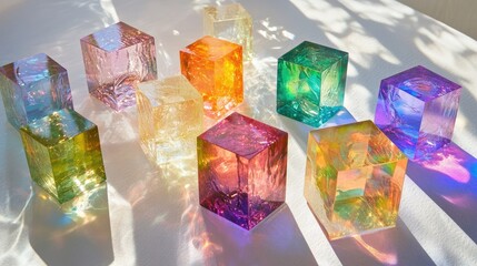 Poster - Light refracted by dichroic glass cubes, casting colorful and sparkling patterns on white textured paper.