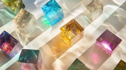 Poster - Light refracted by dichroic glass cubes, casting colorful and sparkling patterns on white textured paper.