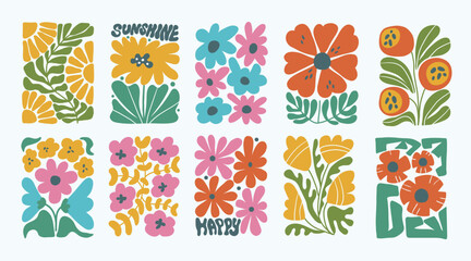 Wall Mural - set of groovy floral botanical background in trendy naive retro hippie 60s 70s style. vertical poste