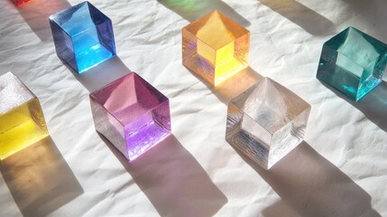 Poster - Light spectrum from dichroic glass cubes, creating a sparkling effect on white textured paper in an artistic display.