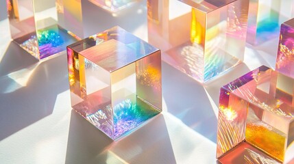 Poster - Light spectrum from dichroic glass cubes, creating a sparkling effect on white textured paper in an artistic display.