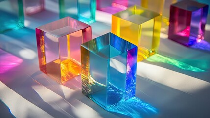 Poster - Light spectrum from dichroic glass cubes, creating a sparkling effect on white textured paper in an artistic display.