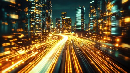 Poster - Mega city illuminated at night with a hyperloop moving at warp speed. 3D render showing blurred building lights and advanced technology.