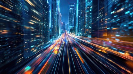 Poster - Mega city illuminated by night with a hyperloop moving at extreme speeds. Blurred lights from buildings showcase advanced tech and design.