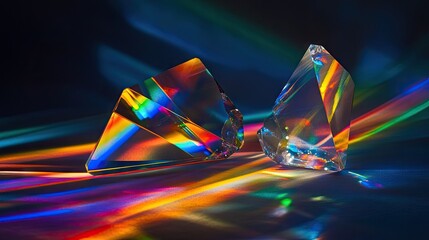 Poster - Mixture of glass prisms and dichroic stripes, refracting a strong light beam into several colorful spectra on a dark background.