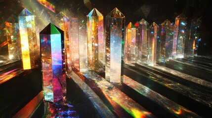 Poster - Mixture of glass prisms and dichroic stripes, refracting a strong light beam into several colorful spectra on a dark background.