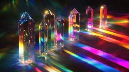 Poster - Mixture of glass prisms and dichroic stripes, refracting a strong light beam into several colorful spectra on a dark background.
