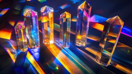 Poster - Mixture of glass prisms and dichroic stripes, refracting a strong light beam into several colorful spectra on a dark background.