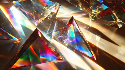 Poster - Mixture of glass triangular prisms and dichroic translucent stripes scattering a strong beam of light into several colorful spectra.