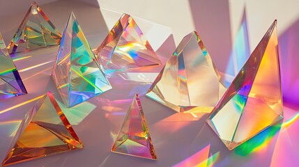 Poster - Mixture of glass triangular prisms and dichroic stripes scattering a strong light beam into multiple vibrant color spectra.