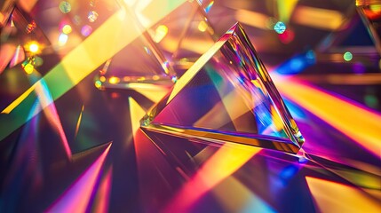 Poster - Mixture of glass triangular prisms and dichroic translucent stripes scattering a strong beam of light into several colorful spectra.