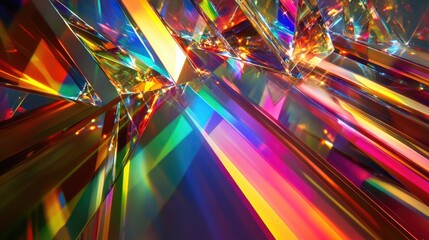 Poster - Mixture of glass triangular prisms and dichroic stripes scattering a strong light beam into multiple vibrant color spectra.