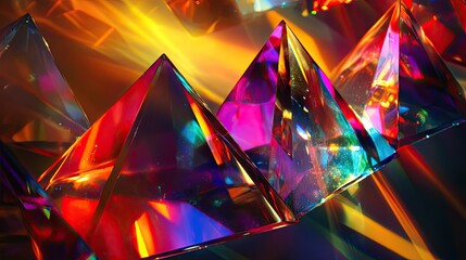 Poster - Mixture of glass triangular prisms and dichroic stripes scattering a strong light beam into multiple vibrant color spectra.