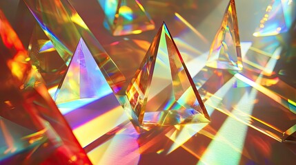 Poster - Mixture of glass triangular prisms and dichroic stripes refracting a strong beam of light into several colorful spectra.