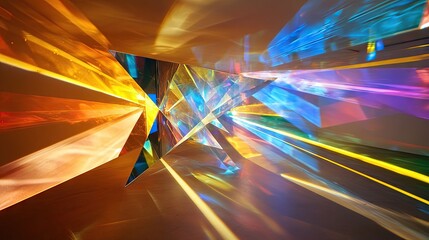 Poster - Mixture of glass triangular prisms and dichroic stripes dispersing a strong light beam into several vivid color spectra.