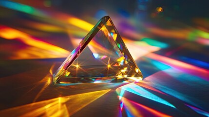 Poster - Mixture of glass triangular prisms and dichroic stripes dispersing a strong light beam into several vivid color spectra.
