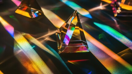Poster - Mixture of glass triangular prisms and dichroic stripes dispersing a strong light beam into several vivid color spectra.