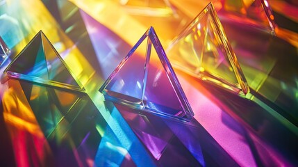 Poster - Mixture of glass triangular prisms and dichroic stripes dispersing a strong light beam into several vivid color spectra.
