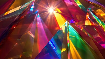 Poster - Mixture of glass triangular prisms and dichroic stripes dispersing a strong light beam into multiple vibrant color spectra.