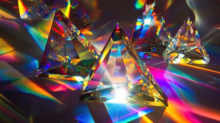 Poster - Mixture of glass triangular prisms and dichroic stripes dispersing a strong light beam into multiple vibrant color spectra.