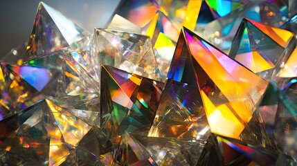 Poster - Mixture of glass triangular prisms and dichroic stripes refracting light into several vibrant color spectra, creating a dynamic effect.