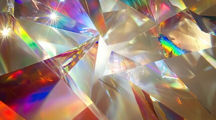 Poster - Mixture of glass triangular prisms and dichroic stripes refracting light into several vibrant color spectra, creating a dynamic effect.
