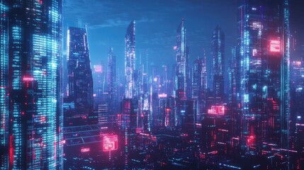 Poster - Modern city with glowing data streams and digital buildings illustrating cyber security technology.