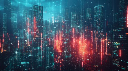 Poster - Modern city with glowing data streams and digital buildings illustrating cyber security technology.