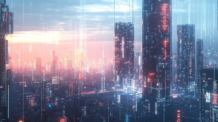Poster - Modern cityscape with digital buildings and data streams symbolizing cyber security and technology.