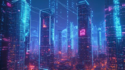 Poster - Modern digital city with data streams and skyscrapers illustrating cyber security technology