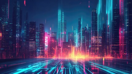 Poster - Modern digital city with data streams and skyscrapers illustrating cyber security technology
