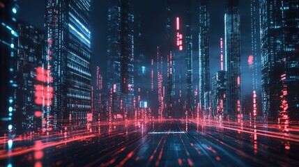 Poster - Modern digital city with data streams and skyscrapers illustrating cyber security technology