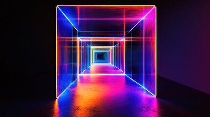 Poster - Multicolored neon rectangular object glowing brightly in the dark, creating an abstract effect.