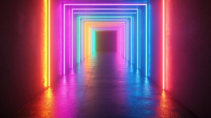 Poster - Multicolored neon rectangular object glowing brightly in the dark, creating an abstract effect.