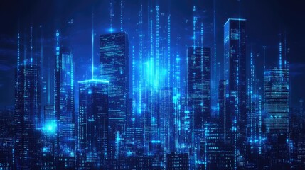 Poster - Neon blue city skyline with cascading binary code. High-tech concept of data flow and digital innovation in an urban setting.