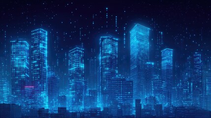 Poster - Neon blue city skyline with cascading binary code. High-tech concept of data flow and digital innovation in an urban setting.