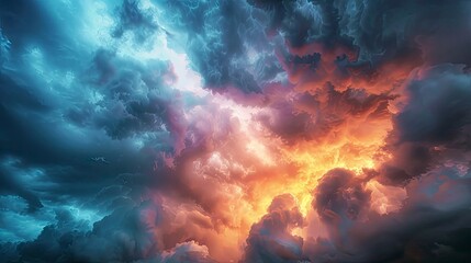 Wall Mural - Dramatic storm clouds part to reveal a stunning sunset, the sky bursting with vivid hues.