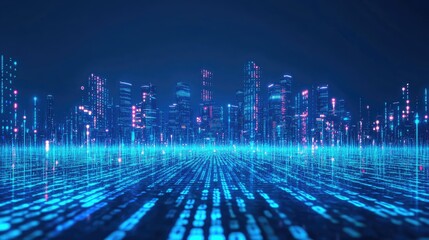 Poster - Neon blue city skyline with cascading binary code. High-tech concept of data flow and digital innovation in an urban setting.