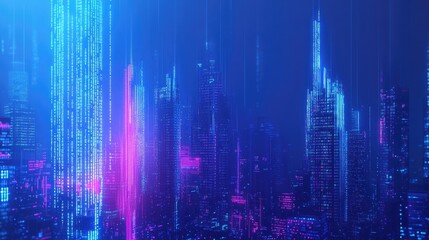 Poster - Neon blue cityscape with digital binary code flowing through the buildings. Illustration of high-tech innovation and data flow.