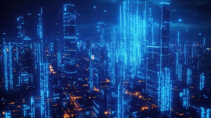 Poster - Neon blue illuminated city with streaming binary code. High-tech design showcasing the concept of data flow and digital innovation.