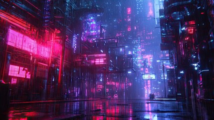 Poster - Neon dark city with a cyberpunk aesthetic and red light technology. 3D rendering showcasing vibrant neon lights and futuristic details.