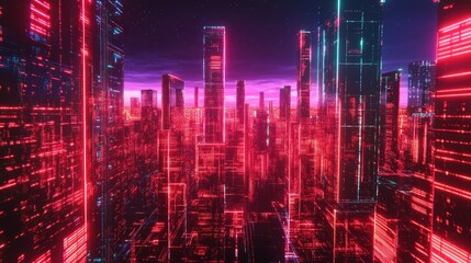 Poster - Neon dark city with a cyberpunk aesthetic and red light technology. 3D rendering showcasing vibrant neon lights and futuristic details.