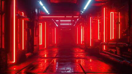 Poster - Neon dark city with a cyberpunk aesthetic and red light technology. 3D rendering showcasing vibrant neon lights and futuristic details.