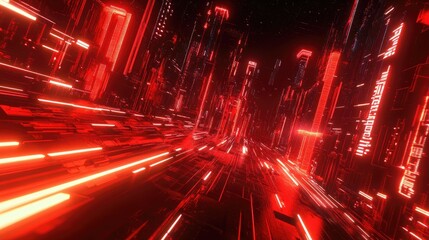 Poster - Neon dark city with a striking red technology backdrop. Cyberpunk 3D rendering featuring dynamic neon lights and futuristic design.