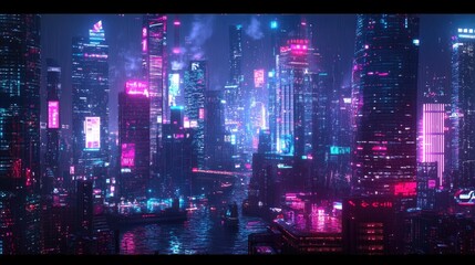Poster - Neon lights and digital architecture in a futuristic city skyline. Panoramic digital illustration.