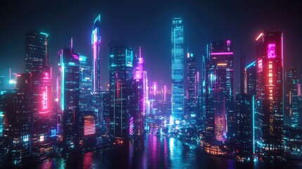 Poster - Neon lights illuminate a futuristic city skyline at night. Panoramic view of high-tech skyscrapers and a dark cyberpunk backdrop.