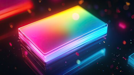 Poster - Neon multicolored rectangular object glowing brightly in the dark, creating an abstract effect.