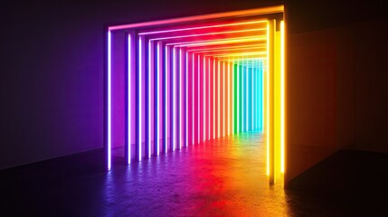 Poster - Neon multicolored rectangular object glowing brightly in the dark, creating an abstract effect.