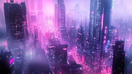 Poster - Neon-lit cyberpunk city panorama with futuristic skyscrapers and bustling streets. Digital illustration.